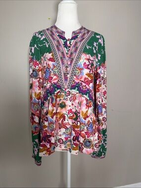Hale Bob Floral V-Neck Long Sleeve Blouse